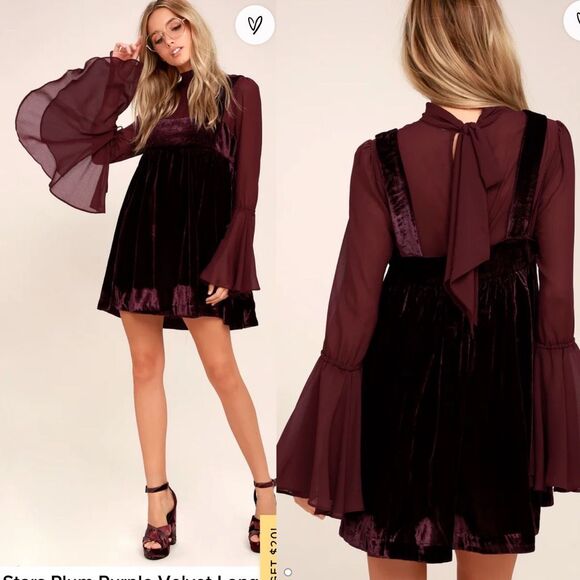 Free People Dresses & Skirts - Free People Counting Stars Plum Purple Velvet Long Sleeve Babydoll Dress